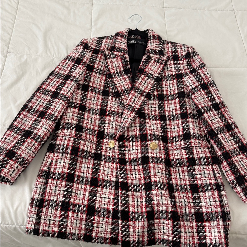 Zara Black and Red Checkered Coat